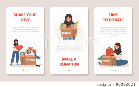 Donation and charity concept. Arabic volunteer women in hijab with boxes full of humanitarian help. Philanthropy. Time to donation. Share your love. Vector cartoon illustration. Set of mobile banners Donation and charity concept. Arabic volunteer women in hijab with boxes full of humanitarian help. Philanthropy. Time to donation. Share your love. Vector cartoon illustration. Set of mobile banners 90093021