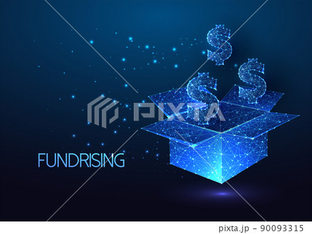 Futuristic fundraising, crowd funding concept with glowing low polygonal open box and dollar symbol 90093315