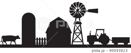 Farm landscape silhouette (barn, silo, tractor, wagon, water pumping windmill, cow, wooden fence). 90093623