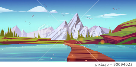 River with wooden bridge in mountain valley 90094022