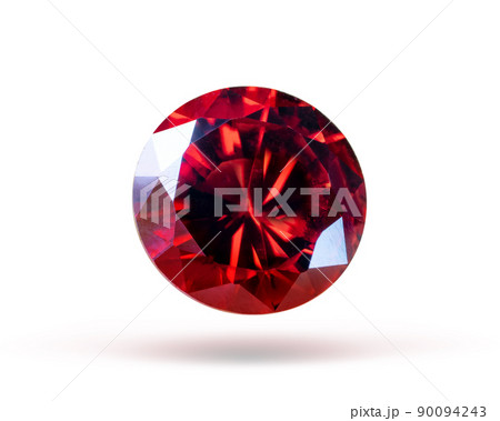 Red Ruby gemstone Round Cut isolate on white background, close up shot 90094243