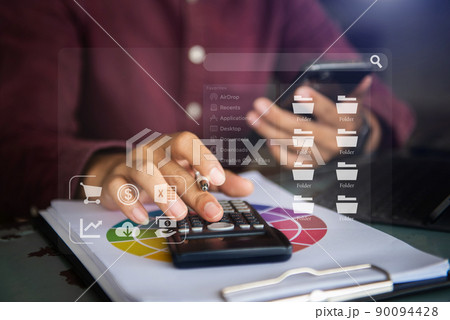 Businessman are calculating income-expenditure and analyzing real estate investment data at office, Accounting Financial and tax systems concept. 90094428