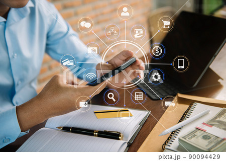 Businessman and financial concepts about office work. Analysts discuss business with smartphone and tablet as a tool. 90094429