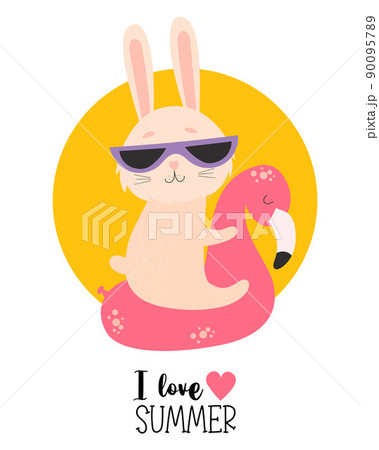 I love summer. Cute funny bunny in sunglasses on flamingo waterproof rubber ring. Vector illustration. Summer character beach hare tourist. For design, print, postcards. 90095789