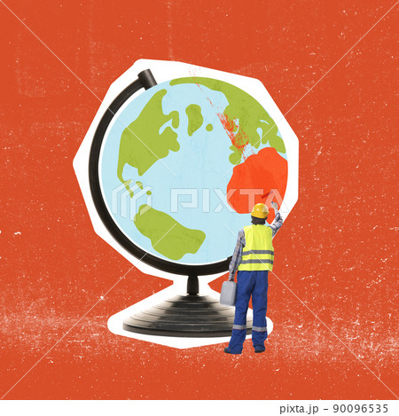 Contemporary art collage. Conceptual image of builder trying to save our planet from global pollution and environmental problems Contemporary art collage. Conceptual image of builder trying to save our planet from global pollution and environmental problems 90096535