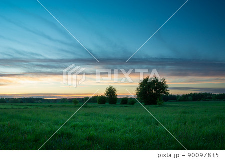 Evening sky after sunset over a green meadow 90097835