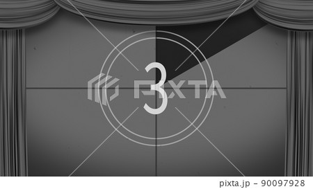 カーテンが開く カウントダウン（0から5）　スクリーン：白黒 カーテン：黒 90097928