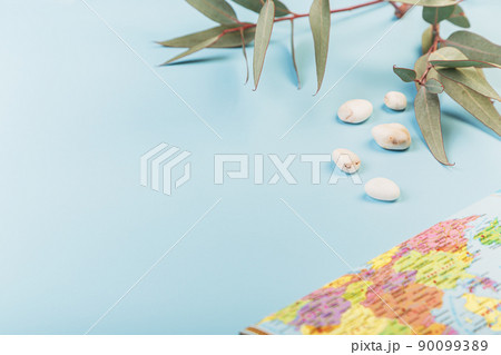 Tourist layout, in the foreground in blur the map of the world, in the background beach pebbles and branches 90099389