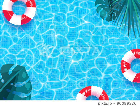 Summer pool vector background. Swimming pool texture, red and white ring float, palm monstera leaves illustration. Copy space at the centre. Top view Summer pool vector background. Swimming pool texture, red and white ring float, palm monstera leaves illustration. Copy space at the centre. Top view 90099526