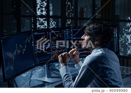 trader-investor is watching the price movement on the screen with emotions 90099980