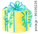 青と緑のリボンのかかった黄色いプレゼントボックスの水彩イラスト 90100226