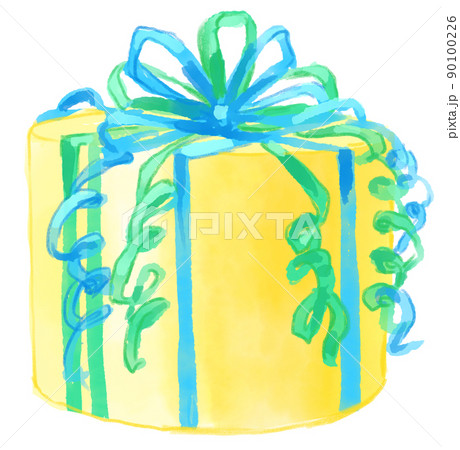 青と緑のリボンのかかった黄色いプレゼントボックスの水彩イラスト 90100226