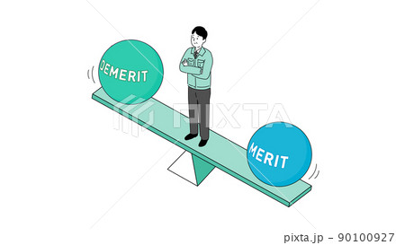 メリットとデメリットの天秤で悩む作業着の中年男性のイラスト、ベクター 90100927