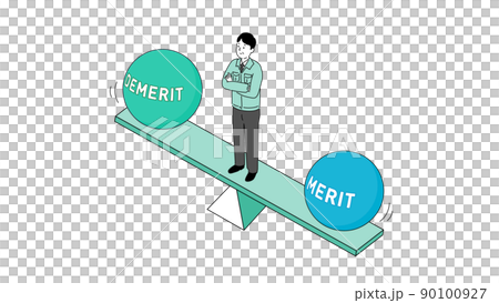メリットとデメリットの天秤で悩む作業着の中年男性のイラスト、ベクター 90100927