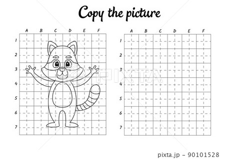 Copy the picture. Draw by grid. Coloring book pages for kids. Handwriting practice, drawing skills training. Education developing printable worksheet. Activity page. Cute cartoon vector illustration 90101528