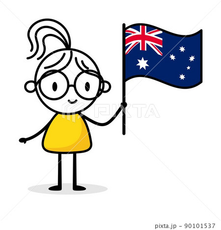 Woman holding flag of Australia isolated on white background. Hand drawn doodle line art man. Concept of country. 90101537