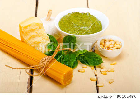 Italian traditional basil pesto pasta ingredients Italian traditional basil pesto pasta ingredients 90102436