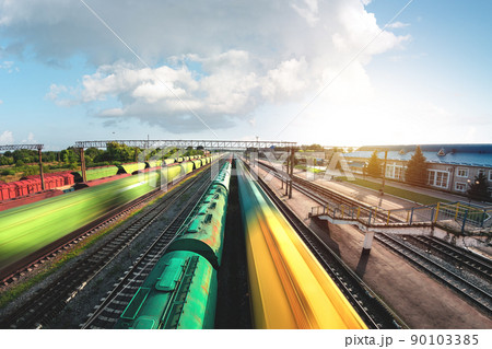 Freight trains - Cargo transportation. Grain transportation. Junction station from above Freight trains - Cargo transportation. Grain transportation. Junction station from above 90103385