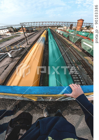 Freight trains - Cargo transportation. Grain transportation. Junction station from above Freight trains - Cargo transportation. Grain transportation. Junction station from above 90103386