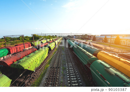 Freight trains - Cargo transportation. Grain transportation. Junction station from above 90103387
