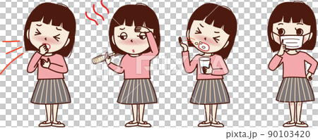 体調不良の若い女性のセットイラスト。咳・発熱・薬・マスク 90103420