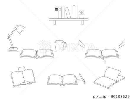 広げた本やノートの線画イラストセット（モノクロ） 90103629