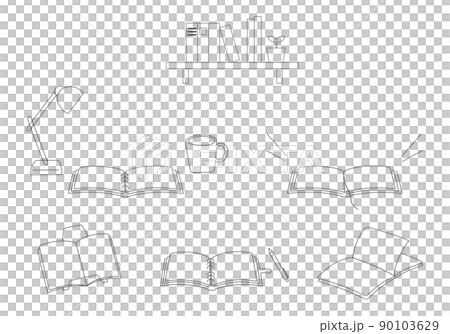 広げた本やノートの線画イラストセット（モノクロ） 90103629