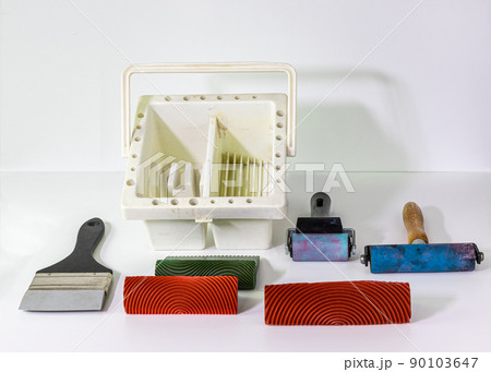 Collection of mixed media painting tools on white background in front view. Collection of mixed media painting tools on white background in front view. 90103647
