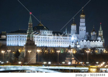 Moscow Kremlin, Kremlin Embankment and Moscow River at night in Moscow, Russia. Architecture and landmark of Moscow 90104444