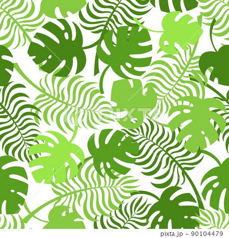 Seamless pattern with monstera and palm leaves on a white background Vector illustration in a flat style 90104479