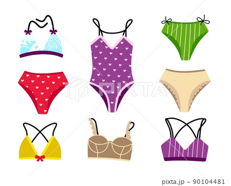 Collection of stylish swimwear and underwear Bikinis and tops Vector illustration isolated on a white background 90104481