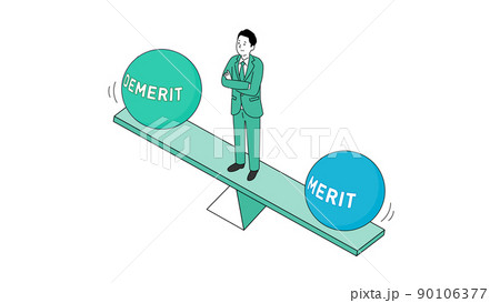 メリットとデメリットの天秤で悩む見た目の若い中年男性のイラスト、ベクター 90106377