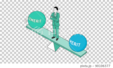 メリットとデメリットの天秤で悩む見た目の若い中年男性のイラスト、ベクター 90106377