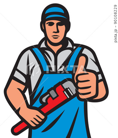 Plumber holding a wrench and showing thumbs up (plumbing services design) Plumber holding a wrench and showing thumbs up (plumbing services design) 90108229