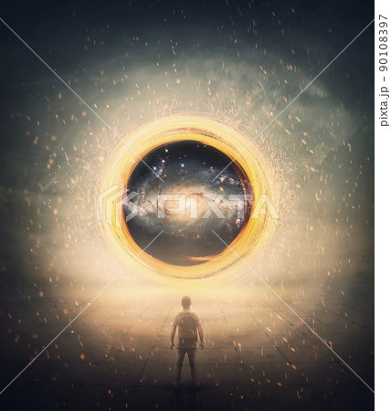 Surreal portal for teleportation as an abstract glowing circular twirl with spinning sparks. Mystery scene with a man finding a entry to another galaxy. Magical wormhole entrance, time travel 90108397