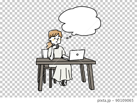 A woman thinking at home or in the office, a speech bubble and a person A woman thinking at home or in the office, a speech bubble and a person 90109065