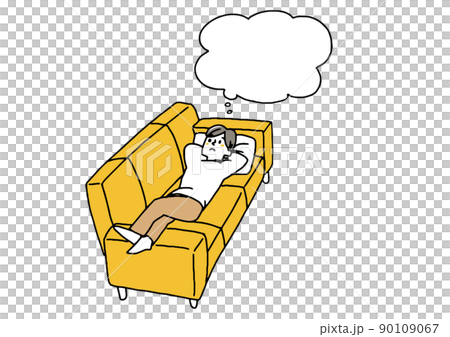 A man thinking while relaxing at home A speech bubble and a person A man thinking while relaxing at home A speech bubble and a person 90109067