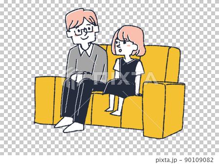 一個坐在沙發上聽女兒說話的父親,一個支持孩子的溫暖父母,一個可笑的手寫人。 一個坐在沙發上聽女兒說話的父親,一個支持孩子的溫暖父母,一個可笑的手寫人。 90109082