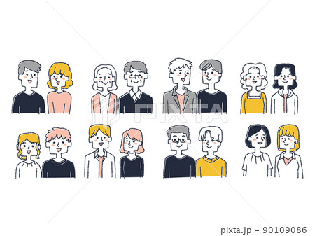 さまざまなカップルや友人、パートナー、家族のセット コミカルな手書きの人物 ベクター、線画にカラー さまざまなカップルや友人、パートナー、家族のセット コミカルな手書きの人物 ベクター、線画にカラー 90109086