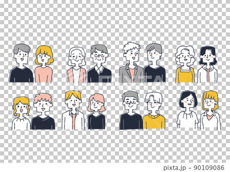 さまざまなカップルや友人、パートナー、家族のセット コミカルな手書きの人物 ベクター、線画にカラー さまざまなカップルや友人、パートナー、家族のセット コミカルな手書きの人物 ベクター、線画にカラー 90109086