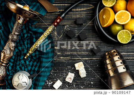 Stylish Smoking hookah and basket with lemon, lime and orange on 90109147