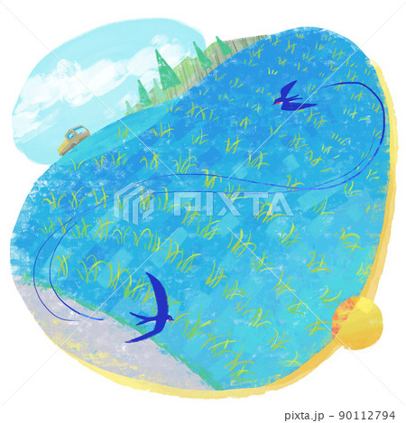 初夏の田んぼと飛び交うツバメのつがい イラスト 90112794