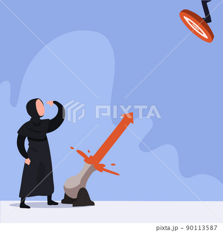 Business concept design attractive Arab businesswoman flame cannonball wick to hit target. Financial investments grow. Goal achievement, leadership, career path. Vector illustration flat cartoon style 90113587