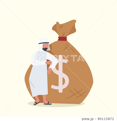 Business flat drawing happy Arabian businessman standing near big heavy bag with dollar sign. Male manager leaning on money sack. Success, career, and achievement concept. Cartoon vector illustration 90113872