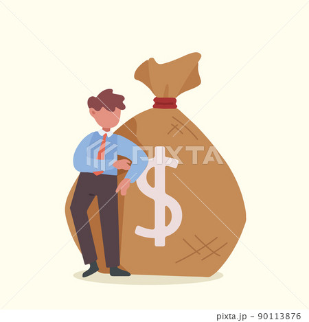 Business flat drawing happy businessman in suit standing near big heavy bag with dollar sign. Male manager leaning on money sack. Success, career, and achievement concept. Cartoon vector illustration Business flat drawing happy businessman in suit standing near big heavy bag with dollar sign. Male manager leaning on money sack. Success, career, and achievement concept. Cartoon vector illustration 90113876