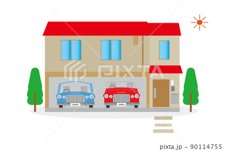 こだわりのクラシックカーのためにインナーガレージ付けた注文住宅のイラスト・マイホーム・暮らし 90114755