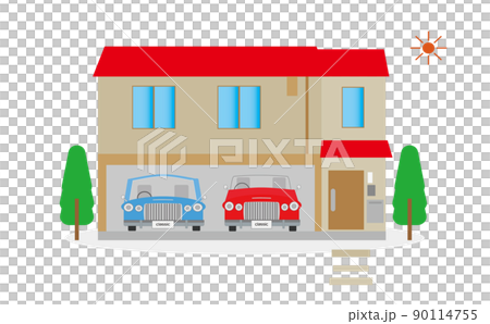 こだわりのクラシックカーのためにインナーガレージ付けた注文住宅のイラスト・マイホーム・暮らし 90114755