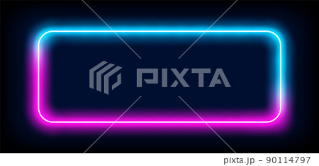 Neon light frame box line rectangle background. Led neon glow vector shape banner sign square 90114797