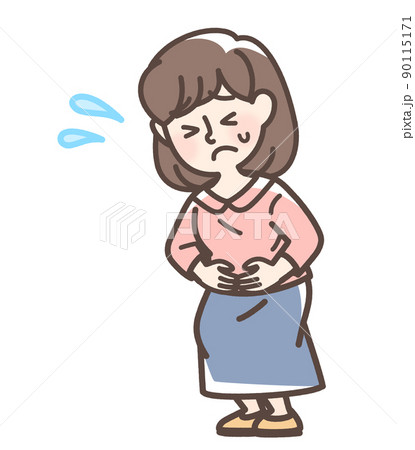 腹痛でお腹をおさえている女性 腹痛でお腹をおさえている女性 90115171