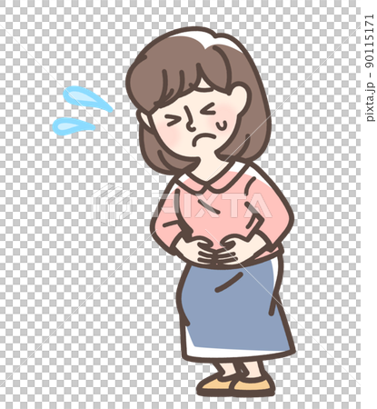 腹痛でお腹をおさえている女性 腹痛でお腹をおさえている女性 90115171